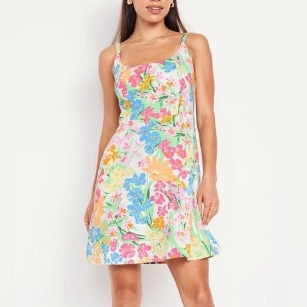 147 Old Navy Floral Linen-Blend Mini Dress Pastel Pink Blue Yellow XL